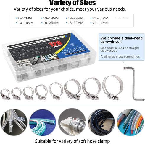 Glarks 120Pcs 304 Stainless Steel Hose Clamps Assortment Kit, Adjustable 8-44mm Worm Gear Clamps for Plumbing,
