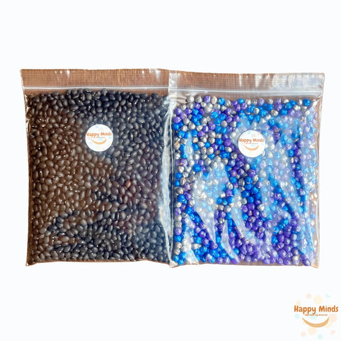 Happy Minds (4 Outer Space Sensory Bin Filler Cups) - Black Beans & Colorful Chickpeas - Cosmic Sensory Play
