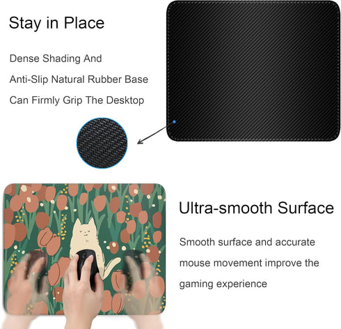 Cute Cat Square Mouse Pad, Aesthetic Anime Cat Mouse Pads for Wireless Mouse, 10"X8" with Non-Slip Rubber Base