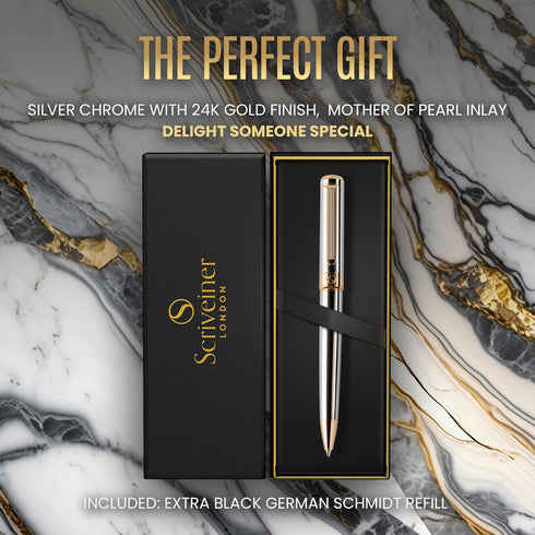Scriveiner Silver Chrome Ballpoint Pen - Stunning Luxury Pen with 24K Gold Finish, Schmidt Black Refill, Best Gift Set