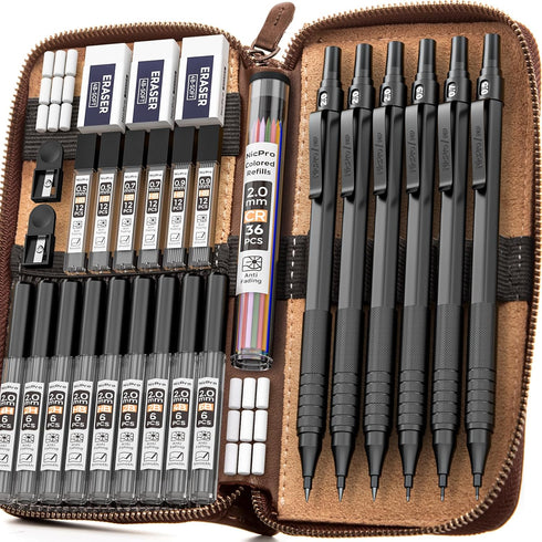 Nicpro 30PCS Black Metal Mechanical Pencil Set, Art Drafting Pencil 0.5, 0.7, 0.9 mm, 2mm Lead Holders with 16 Tube