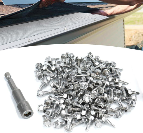 100PCS Stainless Steel Self-Drilling Screws with 1/4" Magnetic Hex Driver for Gutter Guard