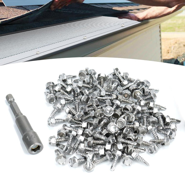 100PCS Stainless Steel Self-Drilling Screws with 1/4" Magnetic Hex Driver for Gutter Guard