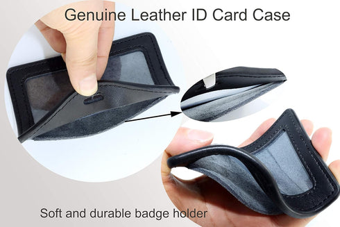 ID Card Case + Lanyard + Badge Holder, Retractable Reel Carabiner, Genuine Leather Horizontal Black