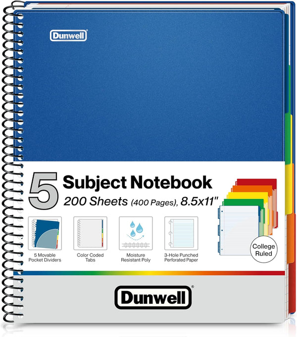 Dunwell 5-Subject Notebook, College Ruled, 8.5 x 11 (Blue), 200 Sheets (400 Pages) with Tabs and Pockets