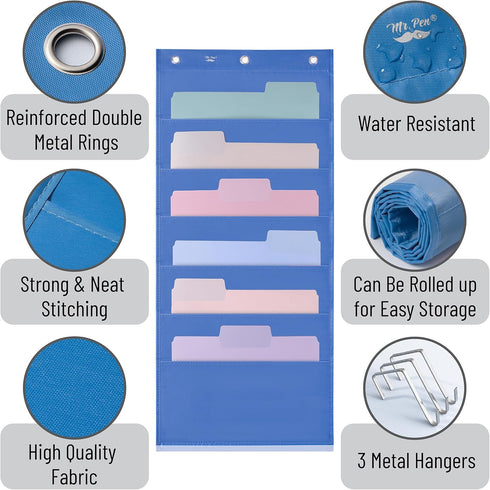 Mr. Pen Hanging Wall File Organizer, 6 Pocket Blue with 3 Overdoor Hangers