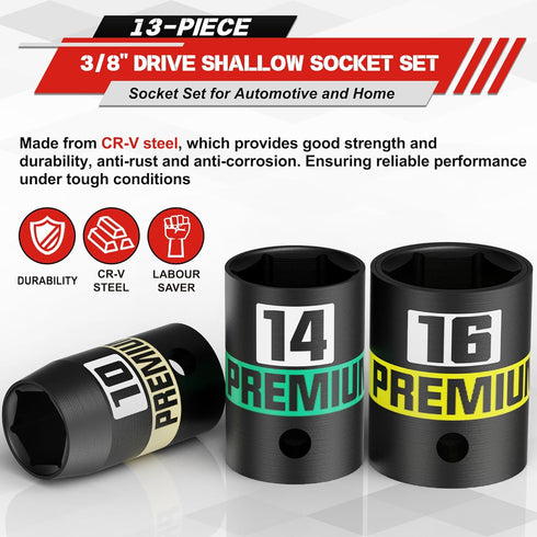 KIRXST 13-Piece 3/8" Set, 7-19mm, Set 6 Set Drive Shallow Impact Socket Semi-Deep Sockets, CR-V, Socket for Automotive