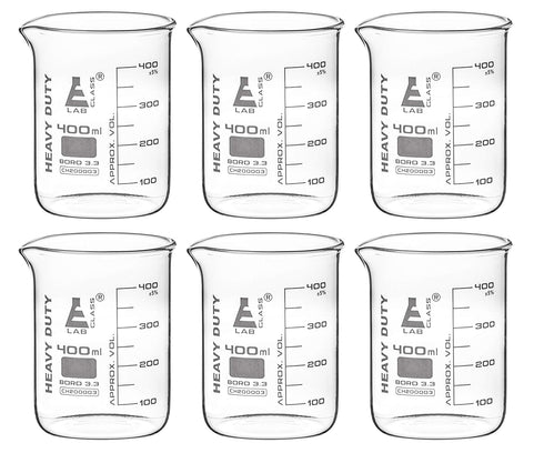EISCO Heavy Duty Beakers, 6PK, 400ml, 5mm Thick, Borosilicate 3.3 Glass, White Graduations
