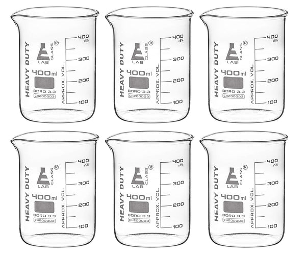EISCO Heavy Duty Beakers, 6PK, 400ml, 5mm Thick, Borosilicate 3.3 Glass, White Graduations