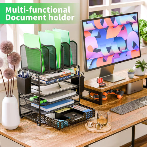 Simple Trending 5 Tier Mesh Desk File Organizer with Sliding Drawer, Paper Letter Tray for Office Home, Black