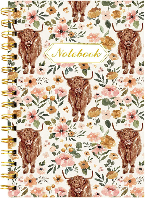 Highland Cow Floral Spiral Journal Notebook, 80 Sheets, A5 Watercolor Flower Cow, College Ruled Notebook, Strong