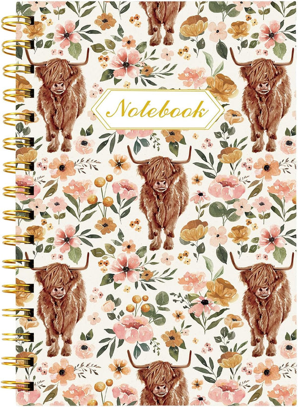 Highland Cow Floral Spiral Journal Notebook, 80 Sheets, A5 Watercolor Flower Cow, College Ruled Notebook, Strong