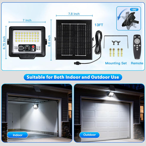 60W 7000LM 6500K 13FT Solar Flood Light Outdoor Waterproof, Motion Sensor LED Street Light, Dusk to Dawn Solar-Powered