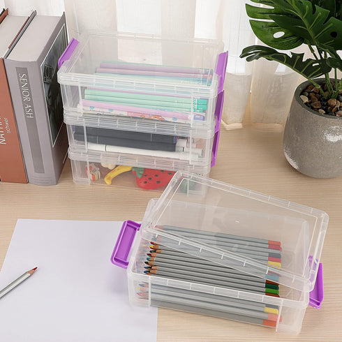 BTSKY 4 Pack Extra Large Capacity Storage Box for Pencils, Stackable Translucent Clear Desk Organizer for Office