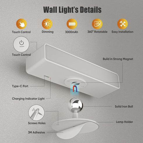 2 Pack, Dimmable 360 Honalia Rechargeable Wall Lights Cordless Wall Sconce with Magnetic Rotation & Touch Control