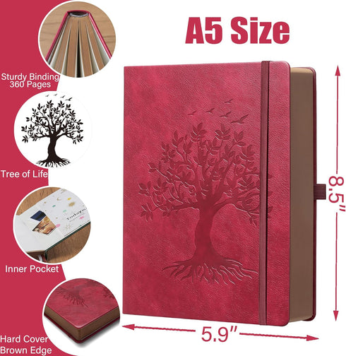 ZXHQ A5 360 Pages Lined Journaling Notebooks with Pen, Journals for Women Men Writing Notebook, Tree of Life Design, Brown Edge Fine Inner Pocket - Wine Red by ZXHQ