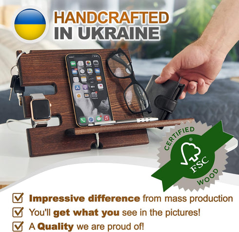 TESLYAR Wood Phone Docking Station, Ash Key Holder Wallet Stand Organizer for Men, Wenge