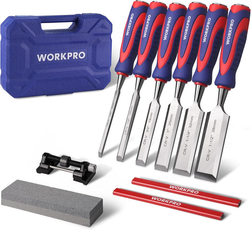 WORKPRO 10-Piece Wood Chisel Set for Woodworking, Cr-V Bevel Edge Chisels (1/4",