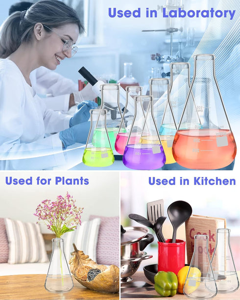 9 Pack Glass Erlenmeyer Flask Set with Glass Stirring Rod, 7 Sizes, Borosilicate Glass for Lab Chemistry