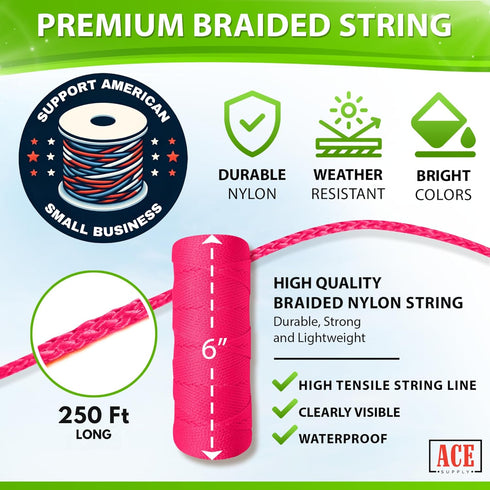 Fluorescent Pink Mason Line String Line - #18 Braided Nylon String - 250 Ft Length - Nylon Twine for Gardening Or Masonry Tools - Perfect Construction String for A String Level, Twine String by ACE Supply