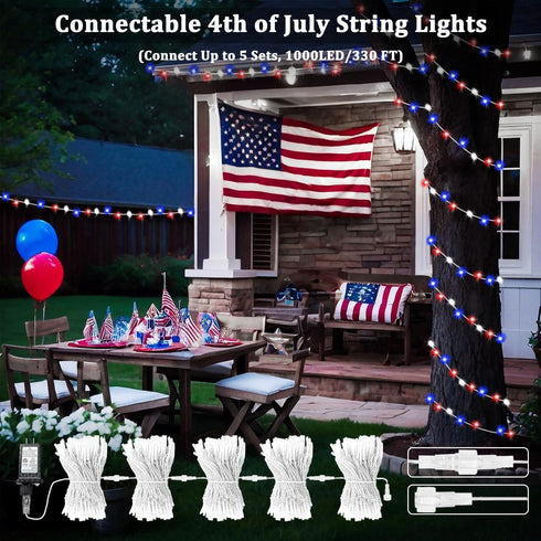 4th 200 66FT 13 4th of July Red White and Blue Lights, Connectable LED String Lights Plug in, Modes July Twinkle Lights