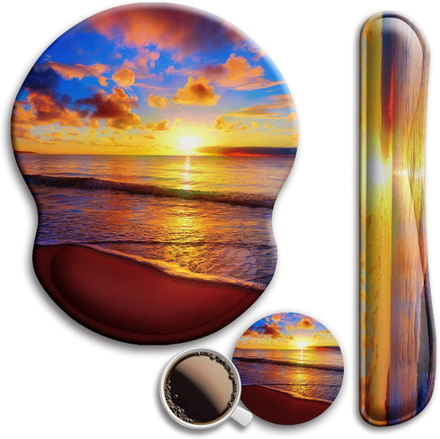 Mouse Pad and Keyboard Wrist Rest Support, Non-Slip PU Base, Gel Mouse Pad with Coaster for Gaming, Office - Sunset