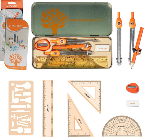 YPLUS 11 Pcs Geometry Set for Students, Math Protractor Compass with Rulers for Class Supplies