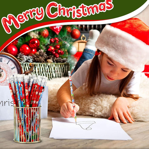 Christmas Pencils for Kids, Mini Wooden Xmas Pencils and Erasers, Colorful Patterns for Christmas Party Supplies