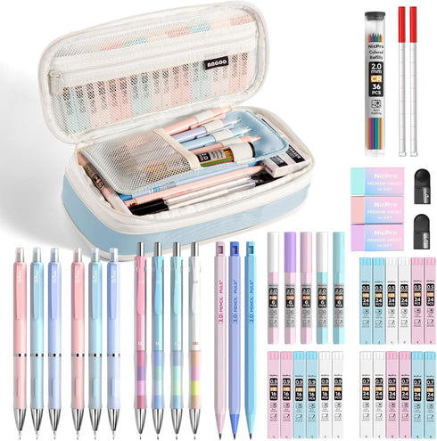 Nicpro 45PCS Aesthetic School Supplies, Big Capacity Pen Case with Pastel Mechanical Pencils and Erasers