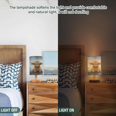 panksolu Highland Cow Baby Bedside Table Lamp with USB Port Nightstand Lamps Night Light Linen Fabric Shade Cylinder