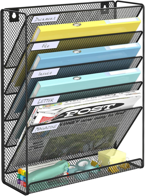 Wall File Organizer, 6-Tier Mesh Hanging Mail Organizer, Vertical Office Storage Rack for Home Office, Black