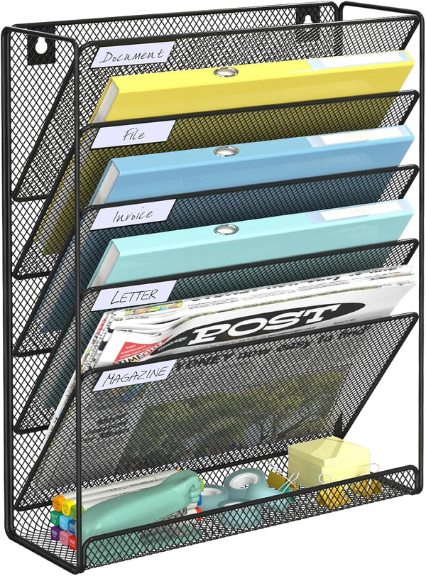 Wall File Organizer, 6-Tier Mesh Hanging Mail Organizer, Vertical Office Storage Rack for Home Office, Black