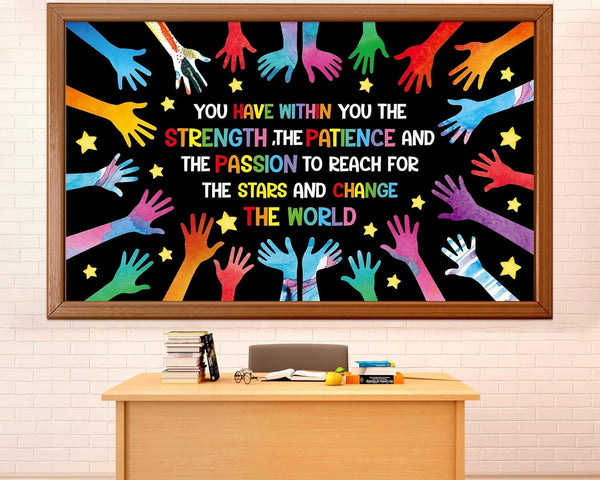 We Can Change The World Bulletin Board Set, Student Diversity Decorations, Colorful Handprint Themed Cutouts