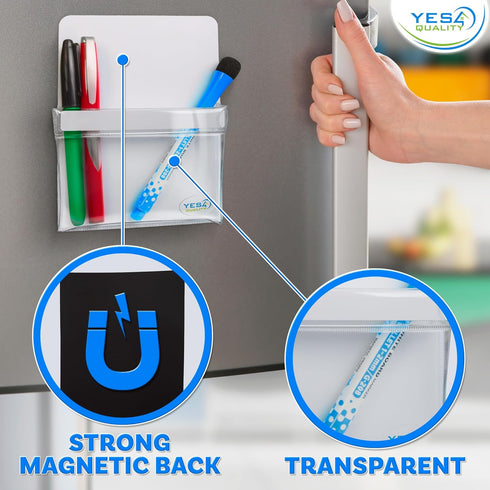 YES4QUALITY Magnetic Pen Holder for Refrigerator, Strong Magnetic Back, Dry Erase Marker Holder, Clear & White Pencil