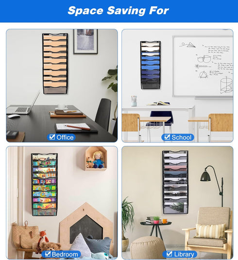 Wall File Holder, 10 Pockets Hanging Wall Organizer, Document and Mail Storage for Office, Black