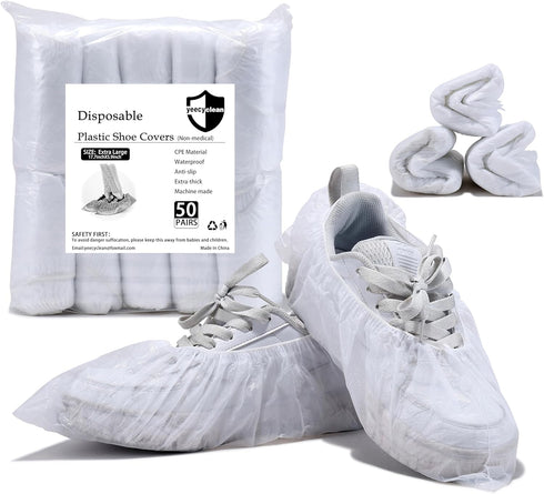X-Large Disposable Shoe Covers 100Pcs, Waterproof Boot Cover, Dust Proof Non-slip CPE Protectors, White, One Size
