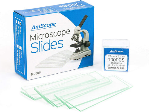 AmScope BS-50P-100S-22 Pre-Cleaned Glass Microscope Slides and 100pc Square Glass Cover Slips