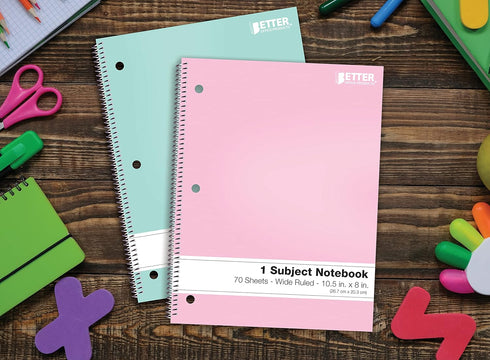 Better Office Products Spiral Notebooks, 6 Pack, 1 Subject, 70 Sheets, 10.5 x 8 inches, 6 Assorted Pastel Colors (Wide Ruled) by Better Office Products