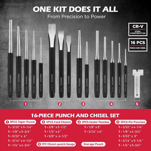 25-Piece Set Punch and Chisel with Roll Pin Punches, Includes Taper, Pin, Center Punches & Cold Chisels