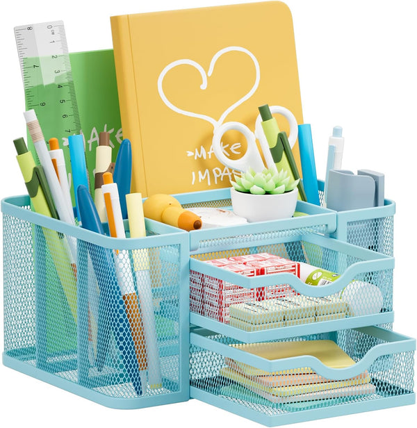 Marbrasse Mesh Desk Organizer with 2 Drawer, Multi-Functional Pen Holder for Office Art Supplies (Blue)