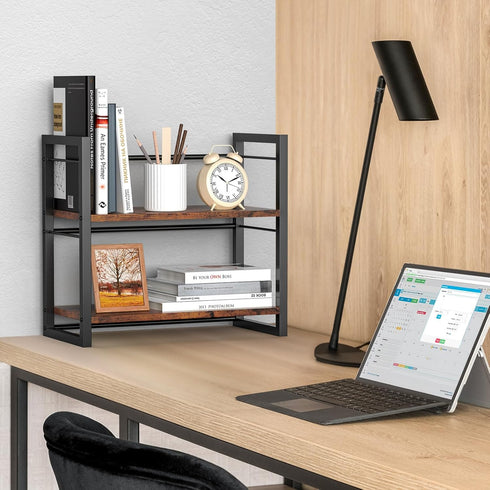Office Desk Shelf Organizer, Wood Desktop Bookshelf Supplies Storage Rack, 2 Tier Shelf for Desk and Dresser, Brown