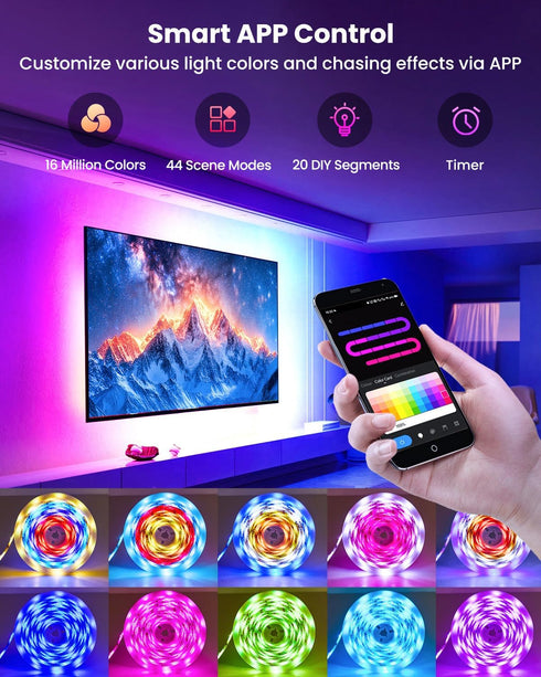 16.4ft 50-75 Inch 44 RGB+IC LED Lights for TV, Backlight Strip Behind TV with Music Sync, Bluetooth APP and Voice