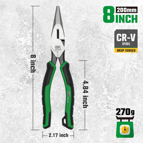 SK 8-Inch Long Nose Pliers, Needle Nose Pliers, Premium CR-V Steel Construction, Ergonomic Non-slip Handle for Comfortable Grip by SK