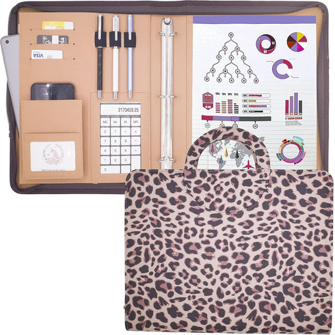ECEIRO Leather Portfolio Ring Binder, Zippered Padfolio Organizer with Hidden Handle, Cute Office Supplies for Women