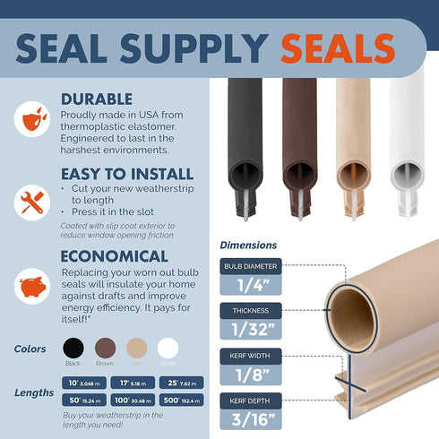 Window Weatherstrip Seal 1/4" Bulb Bubble Kerf Mount - 4 Colors & 6 Length Options