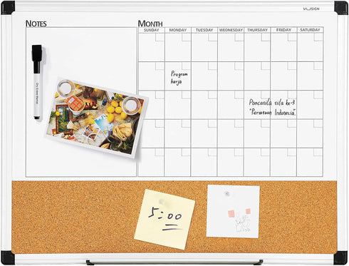 VUSIGN Monthly Calendar Whiteboard Cork Board Combo, 18" x 24", Planning Board with Silver Aluminium Frame