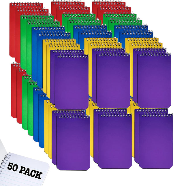 Memo Books, Wirebound Top Spiral Memo Pads 3x5”, Lined College Ruled Paper, Pocket Notebook, 50 Sheets - 50 Pack