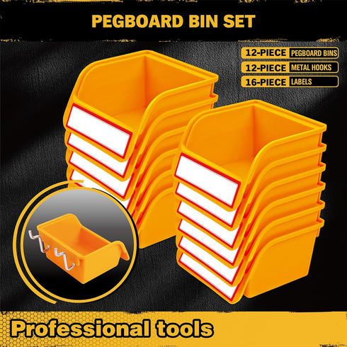 12-Pack Pegboard Bins Organizer Set - Durable Storage Tray for Screws, Nuts, Bolts, Crafts, Accessories with 16 Labels