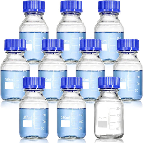 Yopay 10 Pack Media Storage Bottles with GL45 Blue Screw Cap, 250ml Reusable Glass Bottle for Labs or Home Use