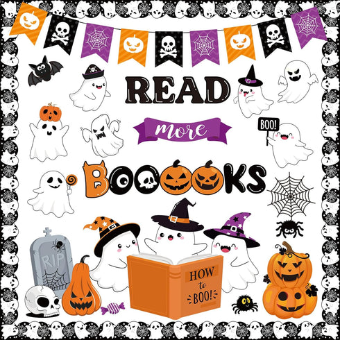Pasimy Halloween Bulletin Board Decorations Set, Spider Bat Ghost Pumpkin Cutouts for Halloween Party Supplies